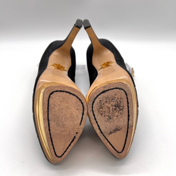 CHARLOTTE OLYMPIA Heels Womens 37 Black Gold Satin Pump Platform Ankle Strap - Picture 7 of 15